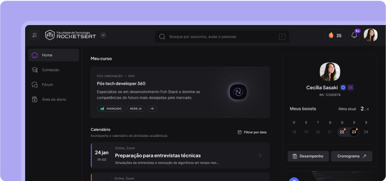 Dashboard principal da platorma Rocketseat