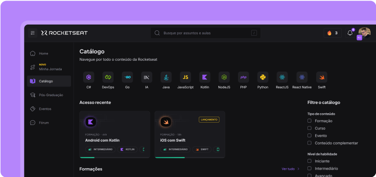 Dashboard principal da platorma Rocketseat